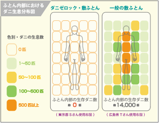 ふとん内部におけるダニ生息分布図